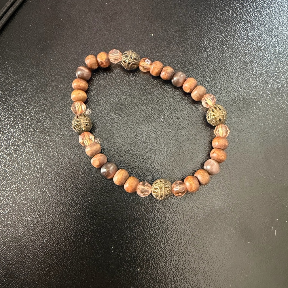 Handcrafted Brown Beaded Stretch Bracelet - Natural Wood & Brass Accents